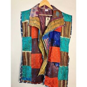 Sevya‎ Silk Patchwork Quilted Vest Boho Artisanal Handmade Indian Silk